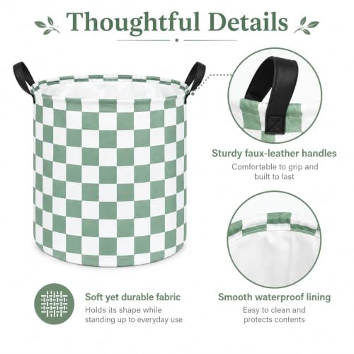Image of MAIZMZ 3 Pack Sage Checkered Storage Baskets Kids Hamper, 15.7 inchD x13.3 inchH, Waterproof Lining, Leather Handles, Collapsible for Laundry, Toys, Clothes, Gift Set