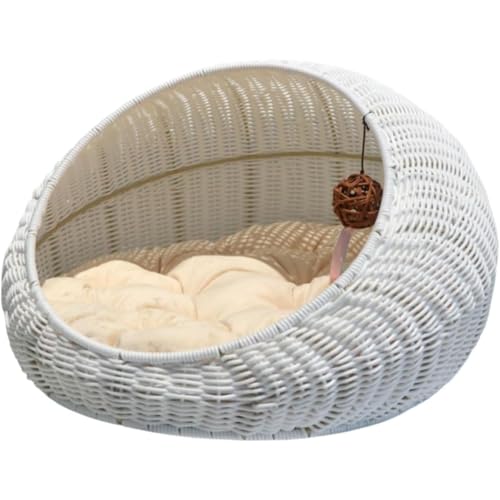 Holowa 手編みの猫ペットの巣 籐編み 犬小屋 猫の巣 ハンモック 猫用 ペット キャットハウス クッション付き おしゃれ ラタン ハウス 猫用ベッド 室内用 夏用 取り外して洗える 可愛い キャットベッド (40cm,ホワイト)