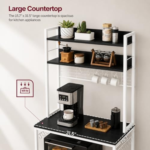 Image of 5-Tier Kitchen Organizer Rack-Multipurpose Microwave Stand for Kitchen Platform & OTG Oven-Steel Utensils Storage Shelf with Hooks - Engineered Wood & Metal Rack for Home- 80x40x170 cm -White /Black