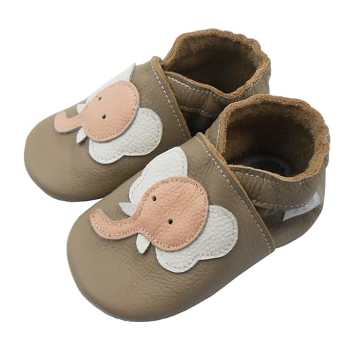 Basrakids Lauflernschuhe Baby Lederschuhe Flexible Krabbelschuhe mit Weiche Leder Rutschfester Sohle für Kleinkinder Beige Elefant 0-6 Monate