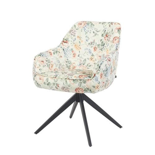 Chaise de salle à manger ARVIT avec accoudoirs, pivotante 360°, ressorts ensachés, tissu avec imprimé floral exclusif, pieds métal noir, design moderne...