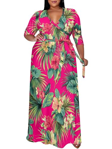 Image of SUZONANA Plus Size Maxi Dresses for Curcy Women Casual Loose 3 /4 Sleeve Long Dress with Belt