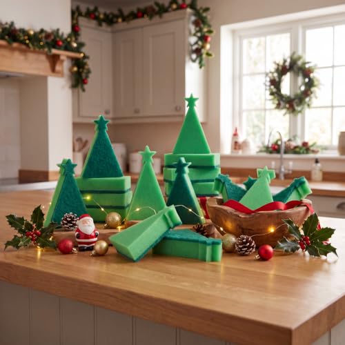 Image of Tioncy 12 Pack Christmas Tree Kitchen Sponges Bulk Green Star Top Tree Dual Sided Scrubber Sponges Dishwashing Kitchen Cleaning Accessories for Home Decor Household Supplies