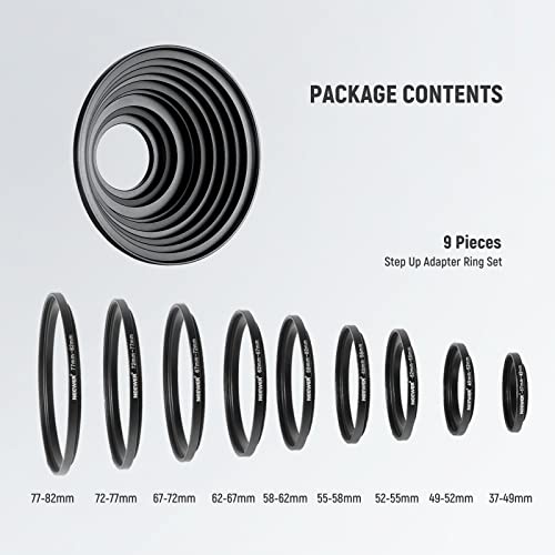 Image of Neewer 9 Pieces Lens Filter Rings Set, Made of Anodized Aluminum, Includes: 37-49mm, 49-52mm, 52-55mm, 55-58mm, 58-62mm, 62-67mm, 67-67mm, 8-2.8 35 inch 72-77mm 77-82mm