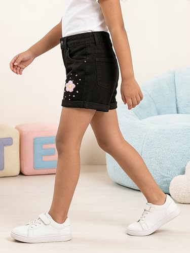 Image of KiddoPanti Girls Tight Length Rollup Denim Shorts with Lavender and Pink 3D Crochet Flowers