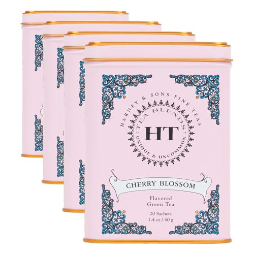 Image of Harney & Sons Caffeinated Blossom Green Tea Tin Sachets Pink 31629, Cherry, 20 Count (Pack of 4)
