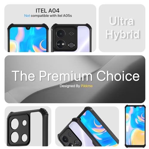 Image of Pikkme itel A04 Back Cover | Crystal Clear Transparent Back | Ultra Hyrbid | Full Camera Protection | Raised Edge | Bumper Back Case (Black)