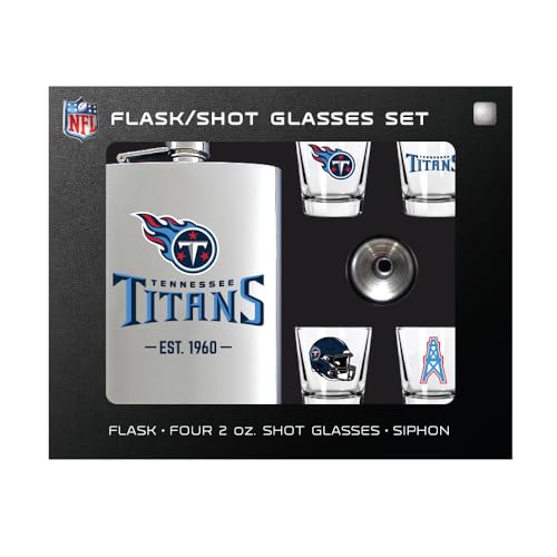 NFL Tennessee Titans Flask and Shot Glass Gift Set, Stainless Steel, 8oz Flask with Four 2oz Glasses, NFL Team Logo Design, EST. 1960