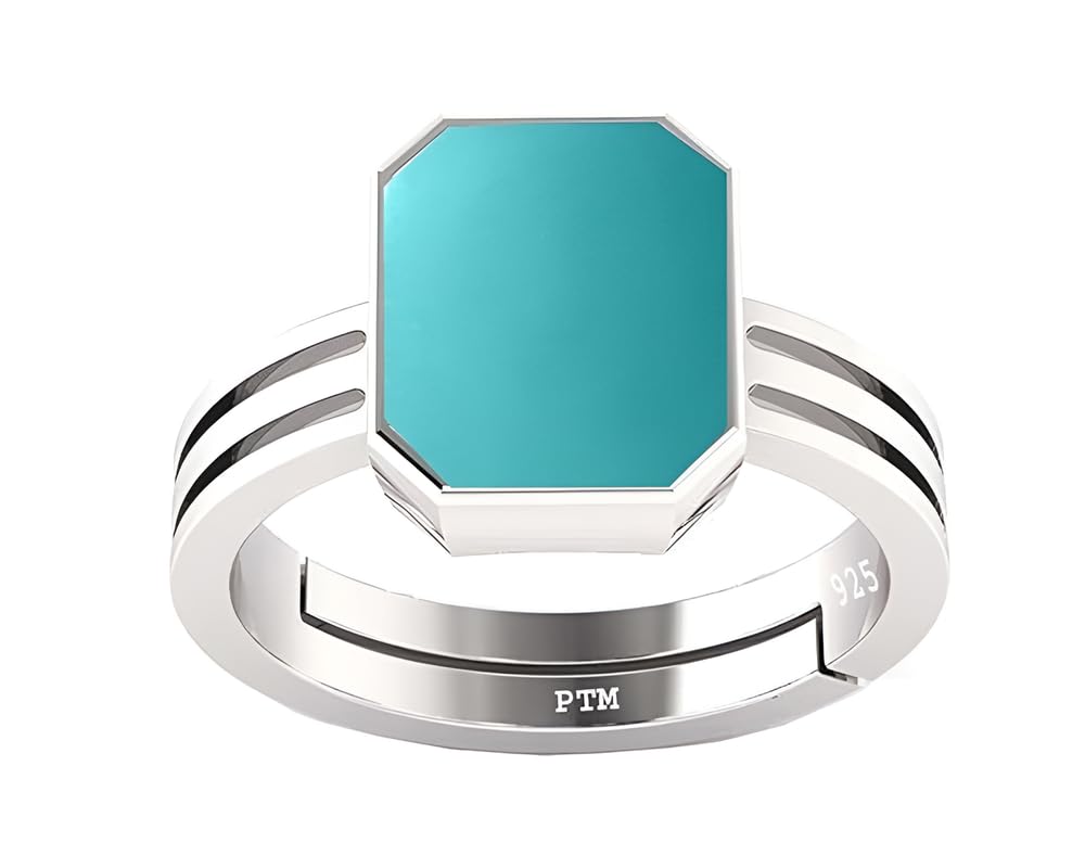 ptm Natural Turquoise/Firoza 5.25 Ratti or 5 Carat Astrological Certified Gemstone/Square Shape Pure Sterling Silver/925 bis Hallmark Adjustable Ring for Men & Women - fba6525-picture-8