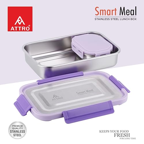 Image of ATTRO Smart Meal Medium Stainless Steel Lunch Box with 1 Small Container Airtight Spill-Proof BPA Free Food Grade Ideal for Office, School, Picnic- Violet-800ml+170ml