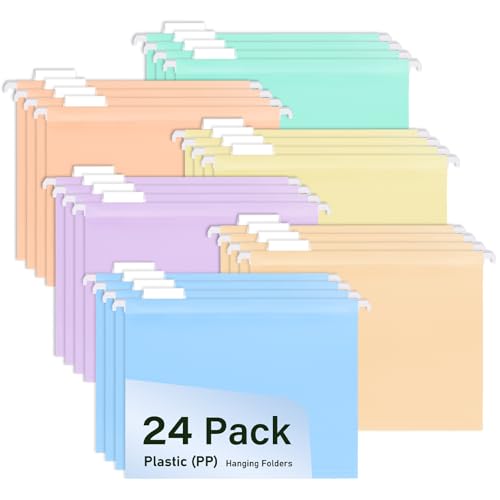 WORPSON 24 Pcs A4 Suspension Files Multi-Color Plastic Hanging File Folders for Filing Cabinets with Tabs & Card Inserts Ideal for Office School and Home Organization (24 Pcs Multi-Color)