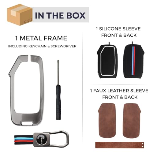 Image of KEYCEPT Metal Alloy Key Cover Compatible with Kia Seltos HTE, Sonet HTE, Carens Premium, Prestige 3 Button Smart Key (Dual Black & Tan).