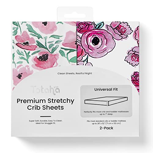 Image of TotAha Premium Stretchy Crib Sheets Girl (2-Pack)UPGRADED 9'' Extra Deep Pocket, Hypoallergenic, Silky Comfort, Ultra Soft, Jersey-Knit Crib Mattress Sheets Fitted (Watercolor Floral & Gouache Flower)