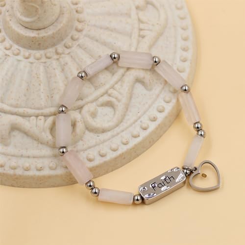 Image of Elastic Faith Bracelet for Women, Adjustable 7 inch Natural Stone Bracelet with Heart Mustard Seed Charm, Spiritual Christian Jewelry for Baptism, Graduation, Religious Celebration YA4856