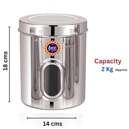 Image of Suvi 2kg Set of 6pcs Stainless Steel Kitchen Containers with See Through Window | Food Storage Dabba | Steel Containers Set | Silver Mirror Finish | Food Grains Capacity - 2kg Approx (2500ml-6pcs)