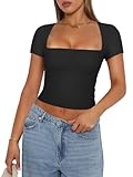 REORIA Women's Summer Sexy Cute Square Neck Short Sleeve Double Lined Cropped T Shirts Slim Fit Y2k Trendy Crop Tops Tees Clothes for Teen Girls Black Small