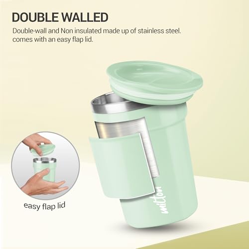 Image of MILTON Cool Touch Deccan Coffee Mug 350 Double Walled 330 ml Inner Stainless Steel Tea Mug with Lid, Coffee Mug Travel Tea Cup, Black Coffee, Tea Cup Single, Aqua Green