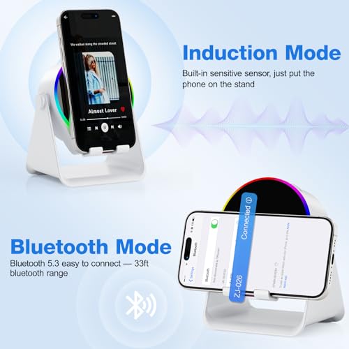 Image of TARKARI Wireless Induction Speaker, 5 in 1 Bluetooth Speaker, 360 Rotation Cell Phone Stand and Colorful Ambient Light, Compatible with iPhone iPad Android Tablet, Birthday Gifts for Him Women Men