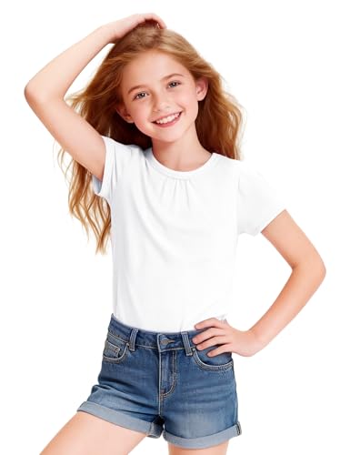 Image of Girls Short Sleeve Shirts Cotton Crew Neck T-Shirt Kids Plain Tees Tops Size 5-12 Years
