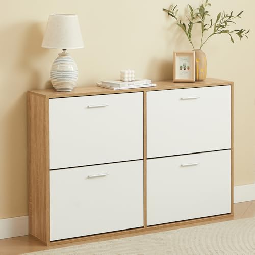 CASABEL Zapatero 4 Puertas Abatibles Blancas con Estructura Madera, Diseño Moderno, Gran Capacidad 24 Pares, Mueble de Almacenaje para Pasillo, Entrada, Salón, L114xF24xH83 cm