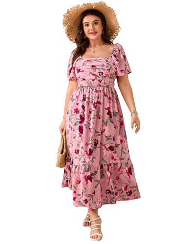 Image of ShopWonder Women Plus Size Dress Short Sleeve Square Neck Floral Maxi Pleated Ruffle A Line Long Dress