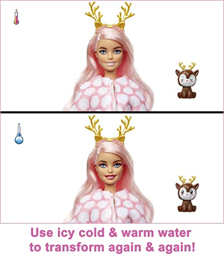 Barbie Cutie Reveal Doll, Snowflake Sparkle Series Deer Plush Costume, 10 Surprises Including Mini Pet & Color Change #TOP2