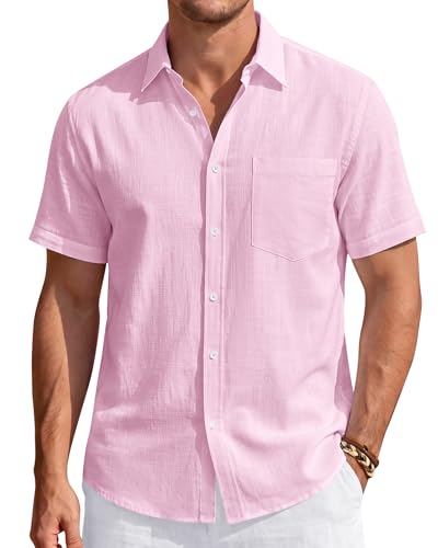 Image of J.VER Mens Linen Shirt Short Sleeve Button Down Casual Summer Shirts | Cotton Linen, Untucked, Big Tall, from Beach Camp Vacation, Cruise Fishing, Work Office, to Wedding Party Family, with Pocket