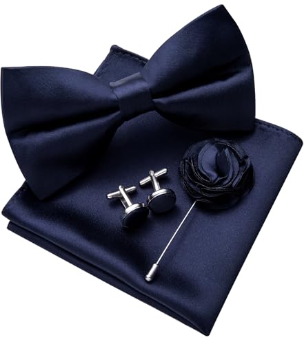 Image of Solid Color Bow Ties for Men Silk Pre-tied Tuxedo Bowtie Set 4PCS | Pre-tied in 3 seconds,adjustable 4PCS bow tie and pocket square cufflinks lapel pin set,wedding,formal,party,prom,graduation
