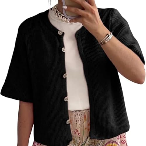 Image of Womens Button Up Short Sleeve Cardigans Sweater Cropped Lightweight Round Neck Elegant Knit Tops with Pockets