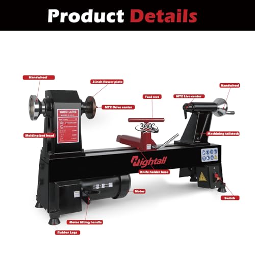 image for hightall Wood Lathe Machine, 12 x 18 inch, 550W 3/4HP, 5 Speed Setting