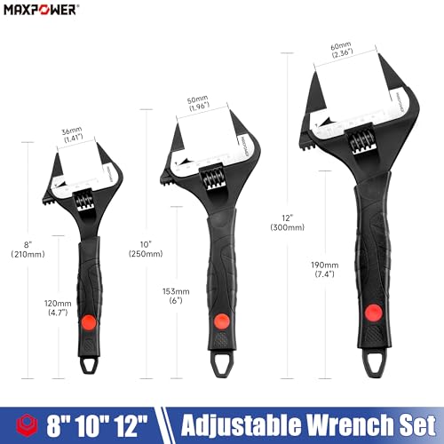 Image of MAXPOWER Slim Jaw Adjustable Wrench Set, 8 inch 10 inch 12 inch Wide Jaw Opening Adjustable Wrench, Dual Scale with Metric and SAE, Deep Jaw with Soft Grip Handle, Jaw Capacity 36mm 50mm 60mm