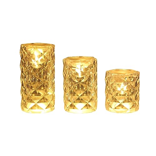 Image of One94store 3 Pcs Set Diamond Flameless and Smokeless Decorative Candles Transparent Acrylic Led Tea Light Candle for Christmas, Festival,Candles (3 Pieces, 5 cm.7cm,9 cm) Combo Set Warm White