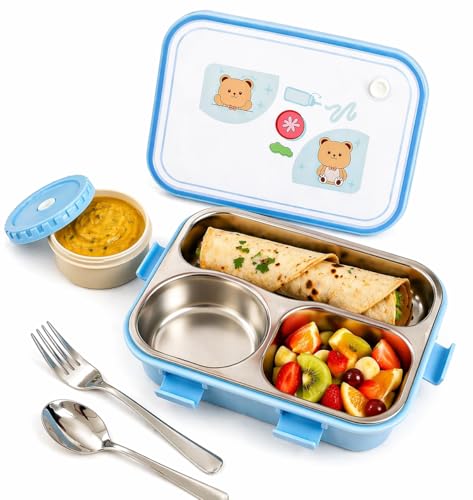 Image of KAVANA Lunch Box 3 Compartment Leak-Proof BPA Free Stainless Steel, Lunch Box for Kids, Lunch Box for School & Office with a Fork, a Spoon (Blue), 750 ml (Blue)