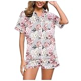 QJDFLL Damen Pyjama Sets aus Seidensatin, kurzärmelig, Button Down Nachtwäsche, Oberteil und Shorts(Rosa,M)