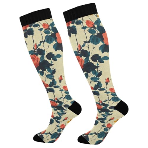 MFTJYO Red Rose Flower Yellow Old Compression Socks for Women Men Circulation Long Knee High Socks for Athletic Sports Running