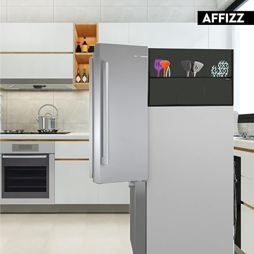 Image of Premium Fridge Cover Top for Double Door Refrigerator - Washable, Water-Resistant Polyester Refrigerator Cover Top with 6 Side Pockets for Kitchen Accessories, Dustproof (Dark Grey)