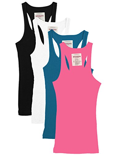 Zenana Outfitters 4 Pack Womens Ribbed Racerback Tank Top BLACK/WHITE/JADE/NPINK M