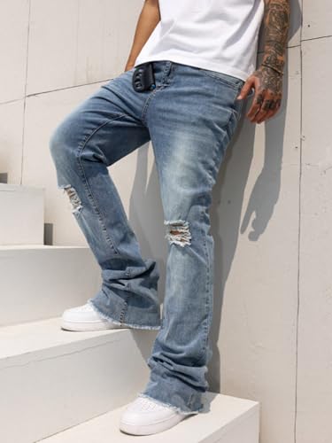 Men's Slim Fit Ripped Distressed Denim Jeans with Frayed Hem Knee Details Stretch Comfort Casual Streetwear Pants2
