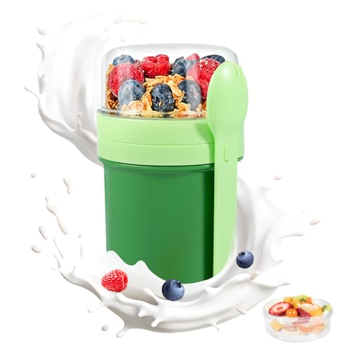 Muesli Cup da Asporto, 450 ml + 250 ml, Porta Yogurt, Coppetta per Cereali da Asporto a Tenuta Stagna con Cucchiaio e Contenitore per Salse, Contenitore per Colazione Senza BPA, Contenitori per Cereal