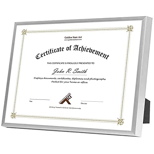 Golden State Art, Metal Wall Photo Frame Collection, 8.5X11 Aluminum Silver Photo Frame With Real Glass & Table-Top Display For Document Or Certificate #TOP1