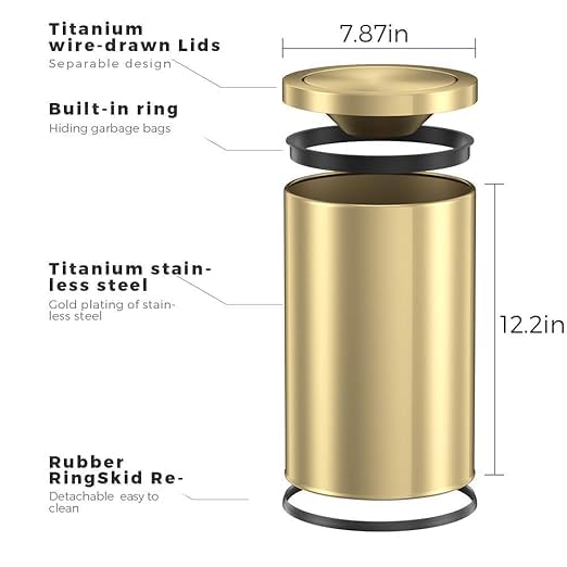 Miniatura 4 de cleaning Bote de basura de acero inoxidable con tapa abatible baño cubo de basura para cocina Inodoro Sala de estar monocapa dorada