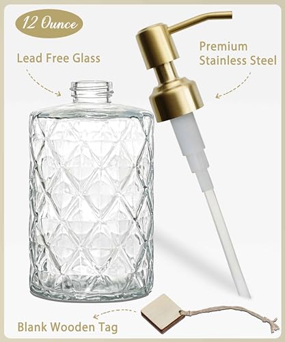 Image of JASAI Diamond Design Glass Soap Dispenser with Golden Pump, Refillable Hand soap Dispenser for Kitchen, Soap Dispenser Bathroom for Soap, Hand soap, Dish Soap, Lotion.