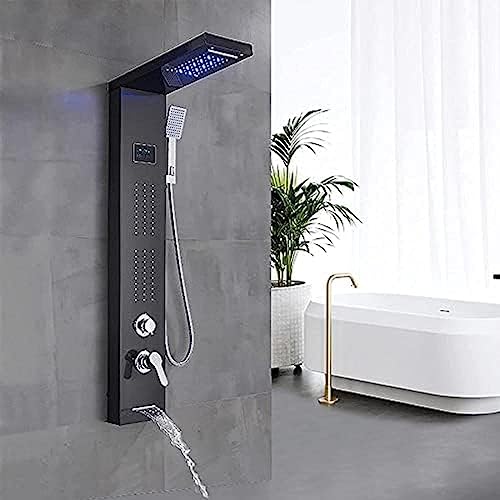 Panel de ducha negro LED de acero inoxidable con 5 funciones, sistema de ducha, cabeza de ducha tipo cascada y lluvia, jets, ducha de mano ABS y caño para baño miniatura 4