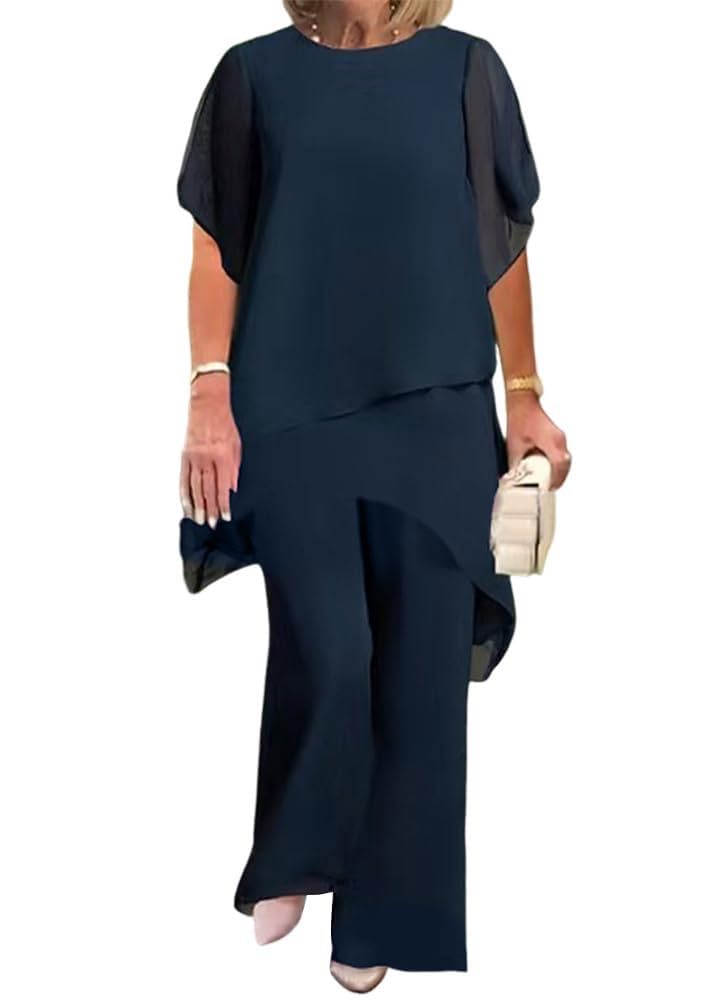 shownicer Hosenanzug Damen Elegant Tüll Abendanzug Zweiteiler Chiffon Shirt Und Hose 2-Teiliges Set Große Größen Outfit Hochzeit Cocktail Party Festlich