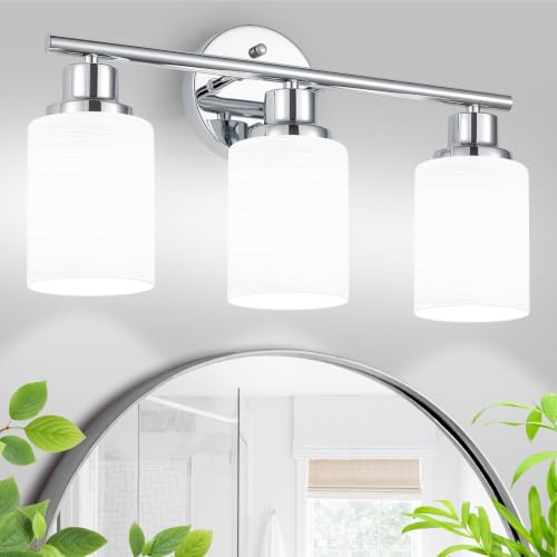 Image of 3-Light Chrome Vanity Lights for Mirror, Bathroom Light Fixtures with Textured Milky White Glass Shade, Modern Kitchen Light Fixtures Wall Sconce Light