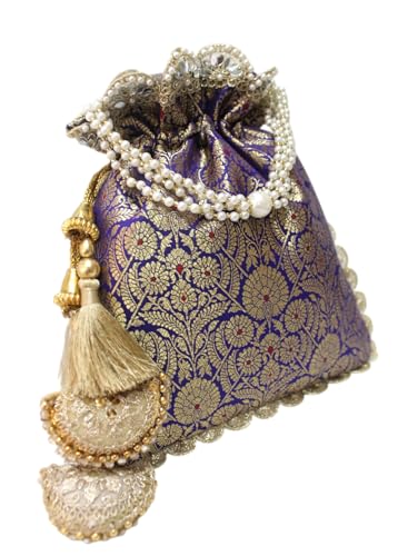 Image of MILAN'S CREATION Pure Banarasi Potli Silk Brocade Bag Purse Drawstring Women's handbag with Pearl Handle & Tassel Weddings