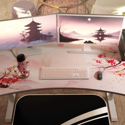 Image of Arozzi Arena Special Edition Ultrawide Curved Gaming and Office Desk with Full Surface Water Resistant Desk Mat Custom Monitor Mount Cable Management Cut Outs - Sakura