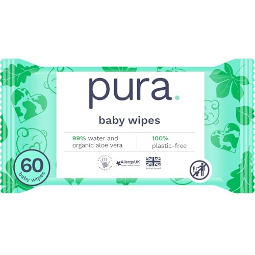 Pura Eco Friendly Baby Wipes, 99% Water, 100% Plastic Free, Biodegradable, Compostable, Vegan, Suitable for Sensitive, Eczema Prone and Newborn Skin, Vegan, 1 Pack of 60 Water Based Wet Wipes