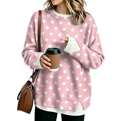 Waffle Knit Womens Crew Necks Sweatshirts Oversized Polka Dot Layered Tops - image 1