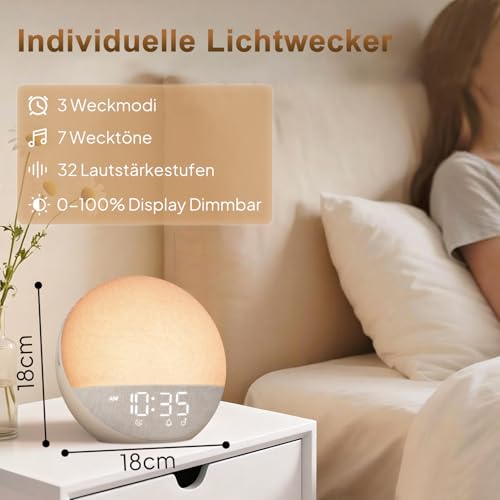 Hiromeco Tageslichtwecker Lichtwecker Sonnenaufgang Bluetooth: Natürliches Wake Up Light - 25 White Noise mit Timer - RGB Nachtlicht für Erwachsene Kinder Schlafzimmer